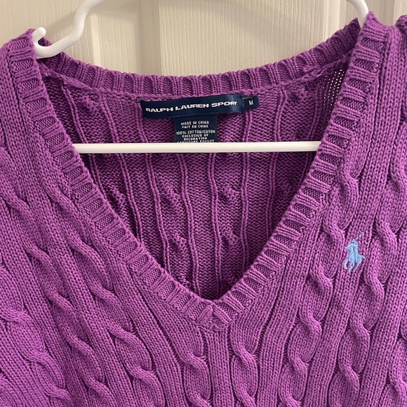 Ralph Lauren Purple Cable Knit V-Neck Cotton Sweater - Picture 14 of 16